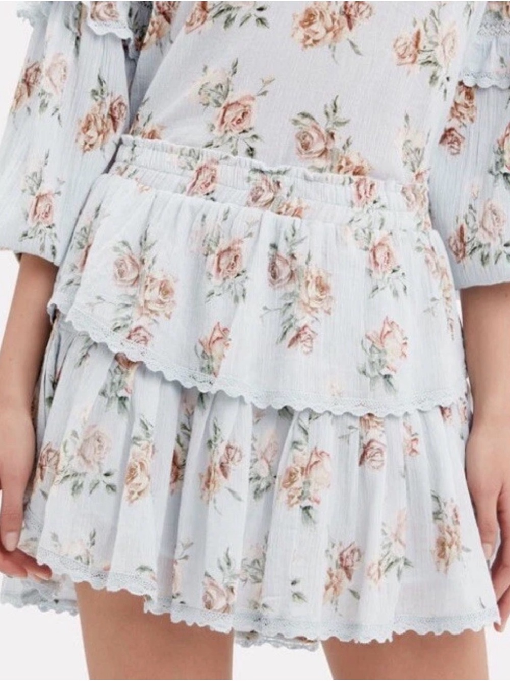 LoveShackFancy Floral Tiered Mini Skirt in Light Blue and Blush